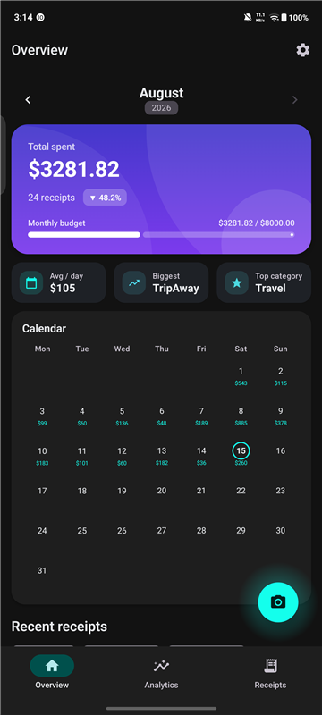 Receipt Lens overview screen