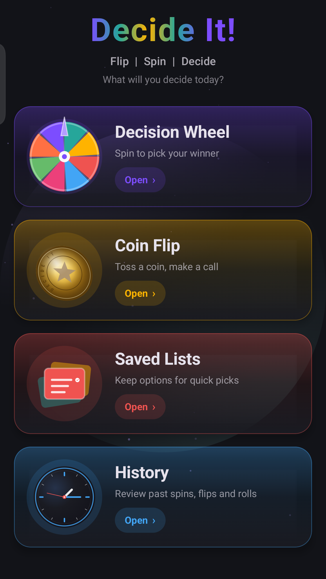 Decide It! home screen